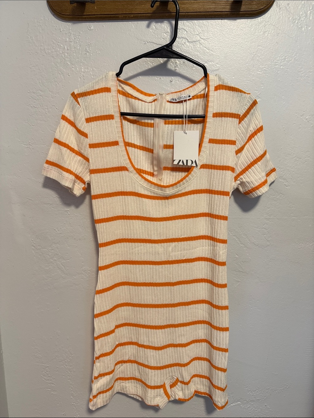Zara Cream and Orange Ribbed Scoop-Neck Romper